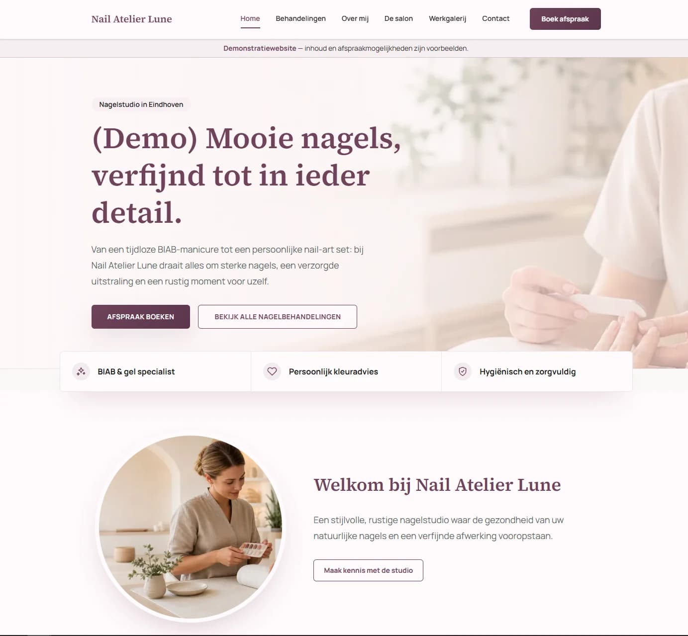 Voorbeeld van de homepage van Nail Atelier Lune